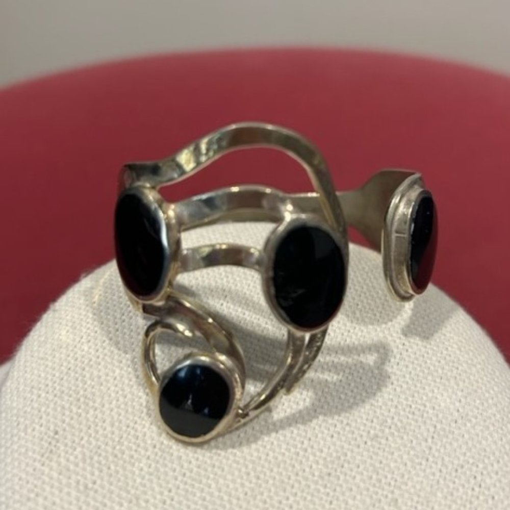 VTG ALPACA Silver Bent Fork Black Stones CUFF BRACELET - Picture 5 of 8